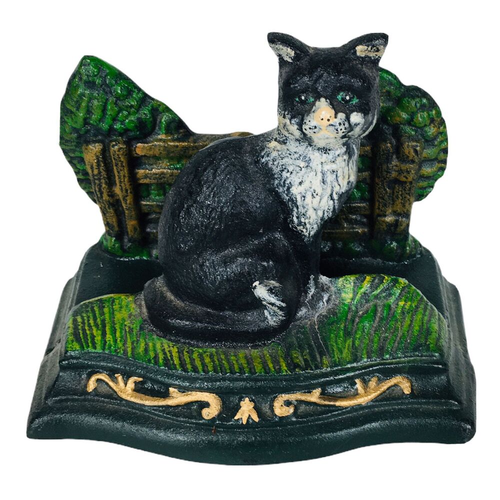 Vintage Cast Iron Tuxedo Cat In The Country Picket Fence Napkin Letter Holder